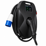 Angled view of the 7.4kW Type 2 EV wall charger with blue CEE plug and LED display showing 32A