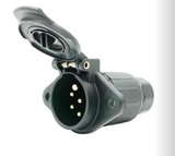 7-pin 24N trailer socket in black plastic with hinged lid open, showing nickel contacts and screw-thread cable entry