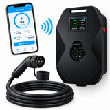 Smart EV wall charger paired with its mobile app, showing live charging at 16A and 3.7kW over WiFi