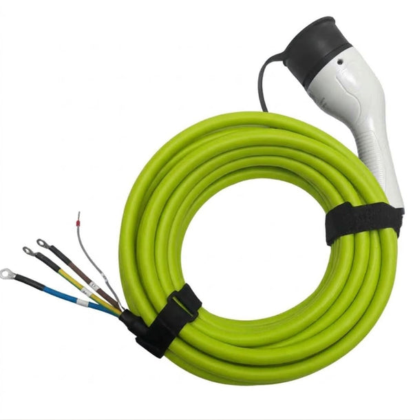5 metre green tethered EV charging lead coiled, with white Type 2 connector and bare ring-terminal wallbox end