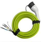 5 metre green tethered EV charging lead coiled, with white Type 2 connector and bare ring-terminal wallbox end